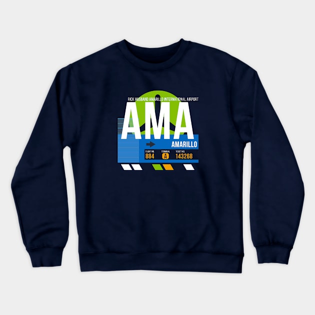 Amarillo (AMA) Airport // Retro Sunset Baggage Tag Crewneck Sweatshirt by Now Boarding